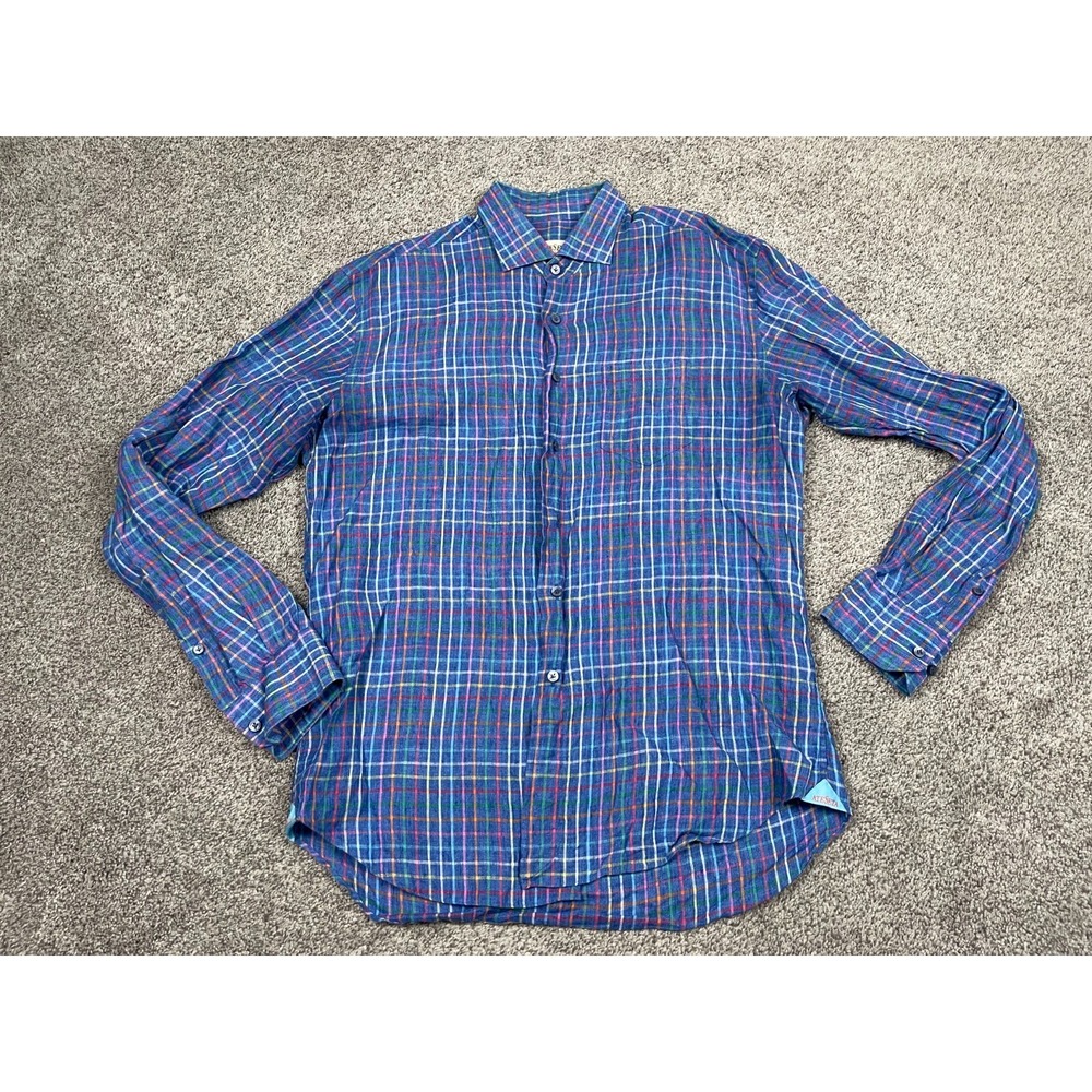 AteSeta Shirt Mens M Large 41 Button Down Plaid 100% Linen Blue Italy Preppy Top